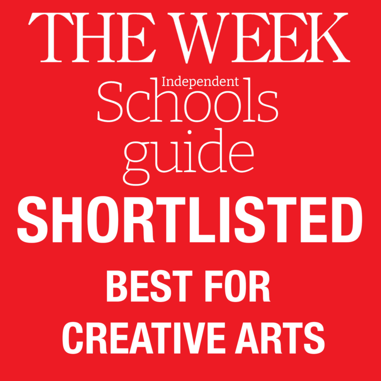 Red image with white text: THE WEEK Independent Schools Guide SHORTLISTED BEST FOR CREATIVE ARTS—highlighting excellence at an independent school in Sussex.
