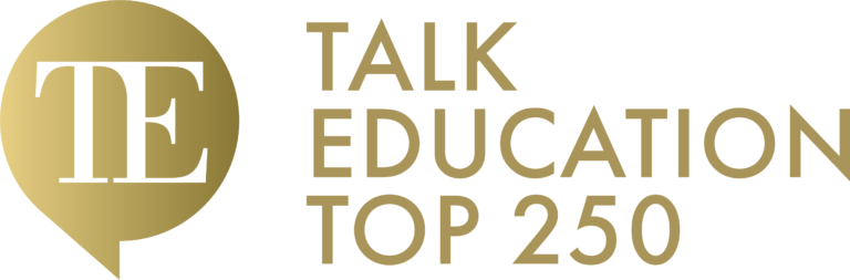 Gold TE speech bubble logo next to the words TALK EDUCATION TOP 250 in gold, highlighting independent school Sussex, all on a white background.