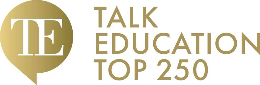 Gold logo with the letters TE inside a speech bubble, next to the words Talk Education Top 250 in uppercase gold text, highlighting leading Independent Senior Schools like Eastbourne College on a white background.