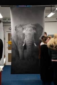 A large black-and-white photograph of an elephant hangs vertically indoors at the Visual Arts Society, with several people standing and talking around it. The photo creates the illusion that the elephant is facing the viewer.
