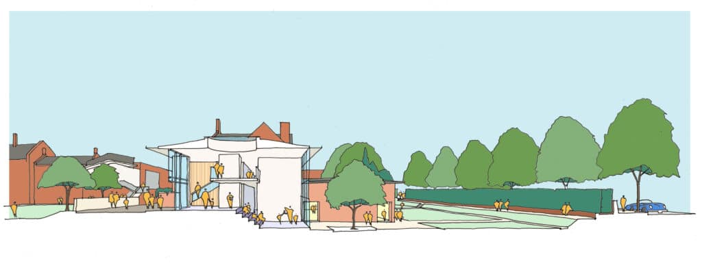 Architectural sketch showing a modern two-storey building at Eastbourne College with people walking around, surrounded by trees, lawns, and adjacent brick structures. A few cars are parked on the right side near a drive.