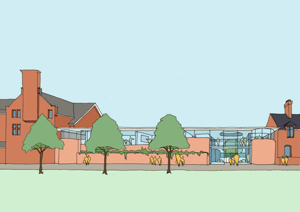 An architectural illustration of the ECi310 red brick building at Eastbourne College, featuring modern glass additions, surrounded by trees and people walking on a green lawn under a clear blue sky.
