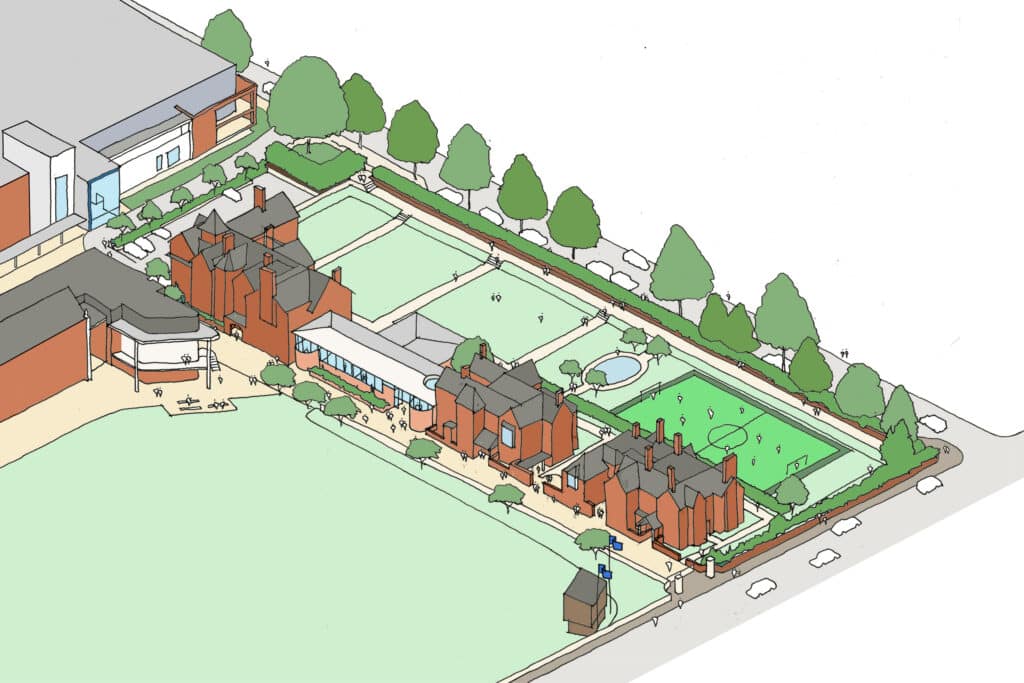 An aerial illustration of Eastbourne College’s campus shows red-brick buildings, green lawns, sports fields, tree-lined paths, and parked cars. People are visible walking and playing in the open spaces, capturing the vibrancy of ECi310 life.