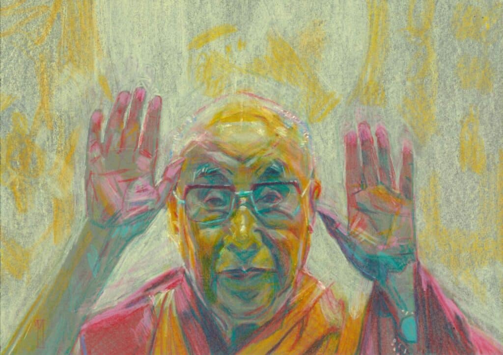 A colourful, expressive drawing of an elderly person with glasses and a dressing gown, holding both hands up by their head, palms facing forward, with a playful expression against a textured background.