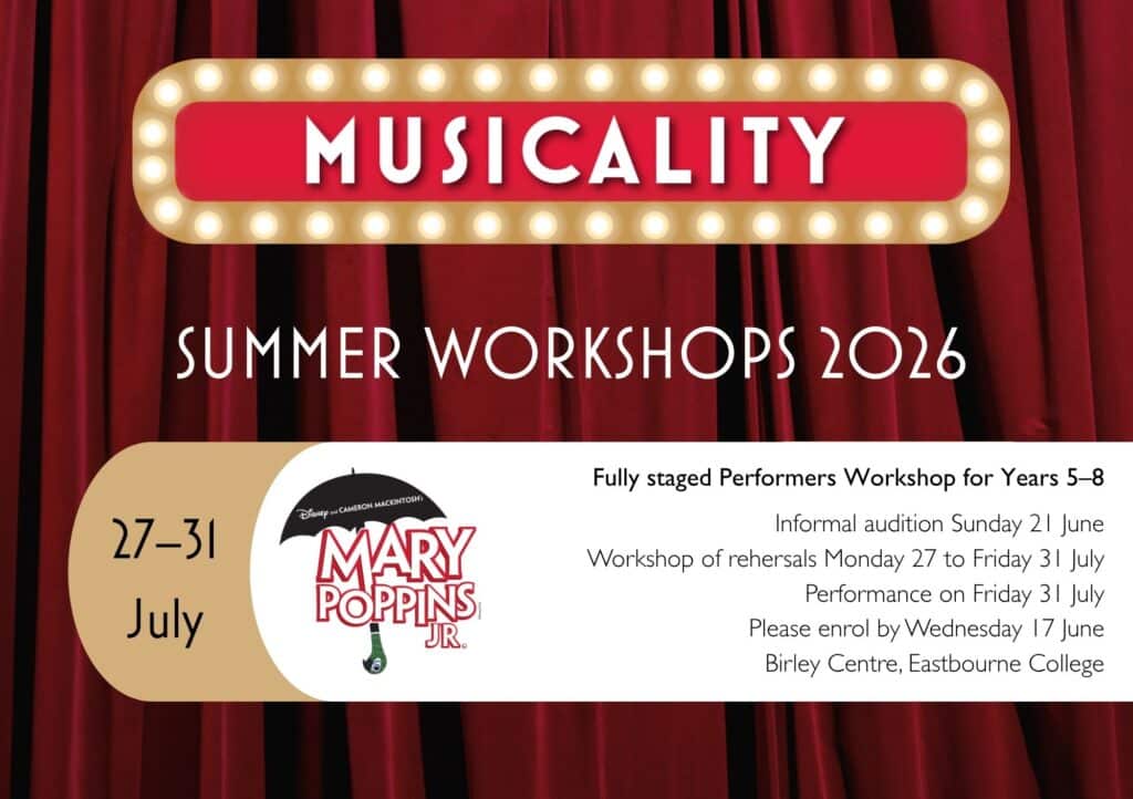 Red curtains frame a sign reading “Musicality Summer Workshops 2026.” A banner advertises a Mary Poppins Jr. workshop for Years 5–8 from 27–31 July, with enrolment details and scheduling information.