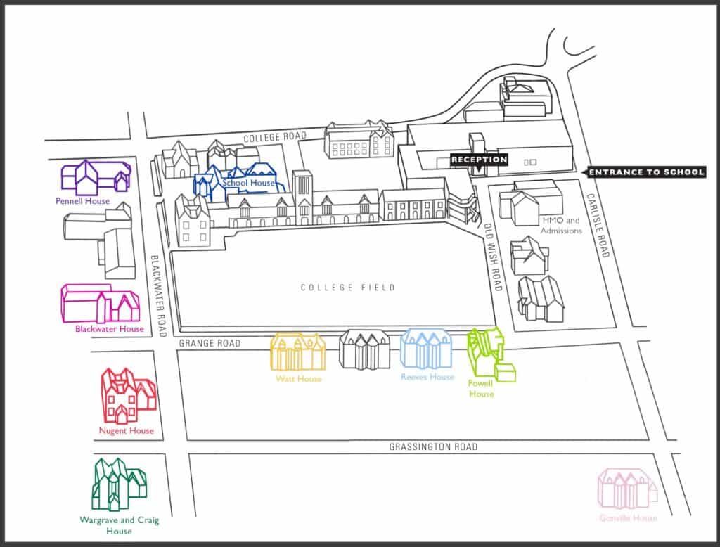 A colour-coded campus map showing school buildings and houses labelled by name, with the reception and entrance to the school marked along Cowpasture Road. The campus is bordered by College Road, Grange Road, and Grassington Road.
